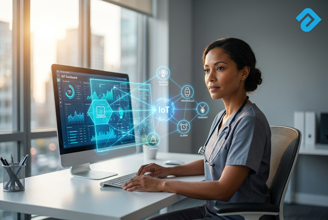 A nurse looking at a computer screen