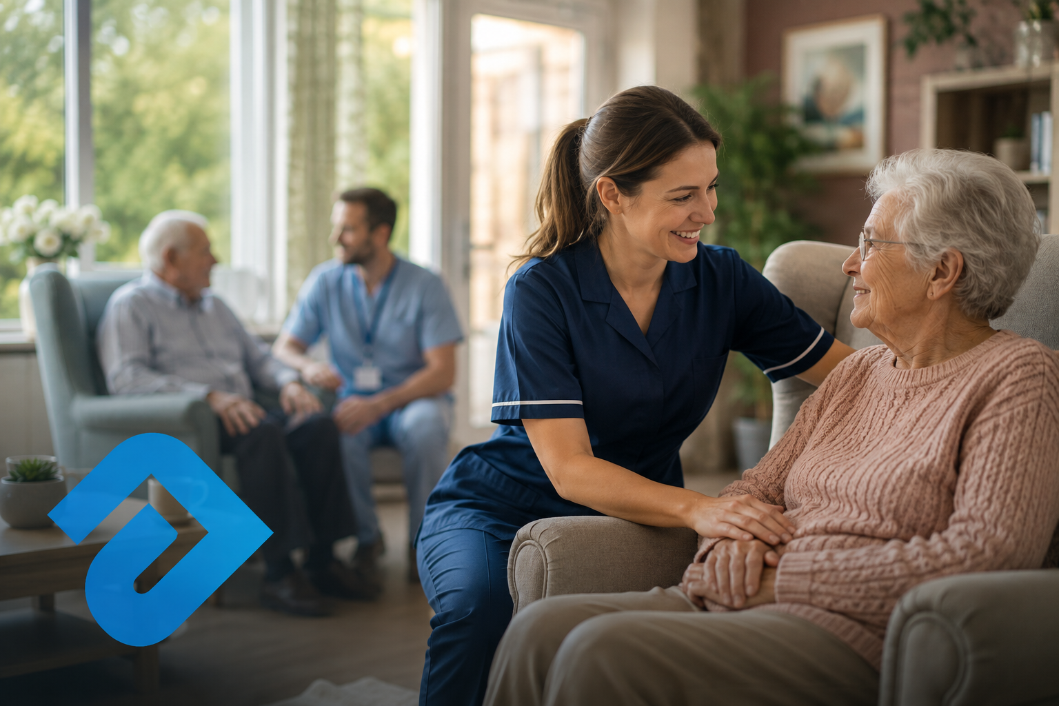 A nurse and senior lady in a care setting